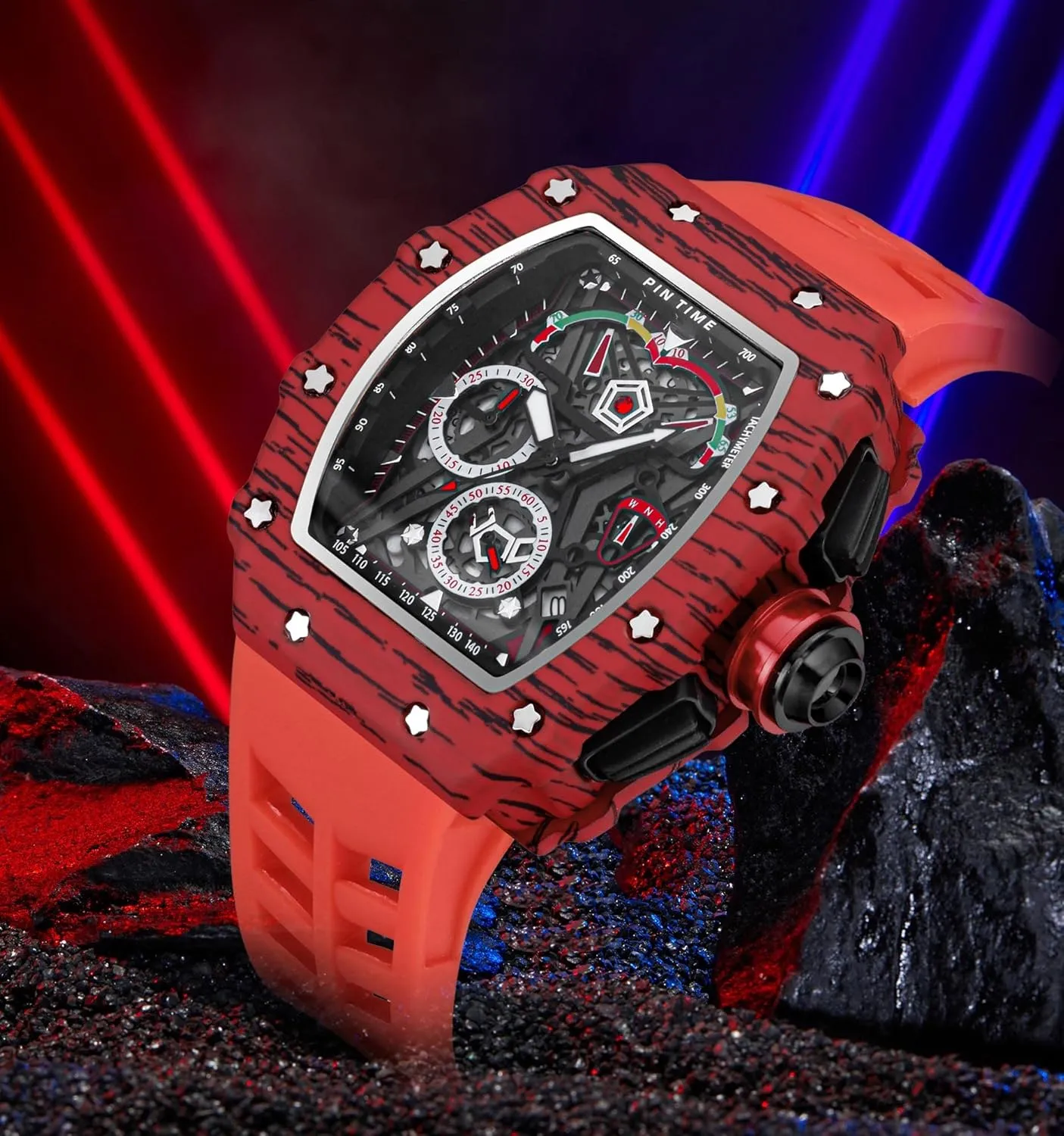 Gosasa Unique Men Punk Wristwatch Hollow Big Dial Luminous Waterproof Sport Analog Quartz Business Men's Watches Silicon Strap Dress Watch (Black Case - Red Strap)