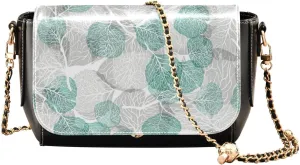 Grey and Turquoise Leaves Crossbody Bags for Women, Trendy Small Shoulder Bag, PU Leather Clutch Purse Underarm Handbag Satchel HandBag with Adjustable Metal Chain