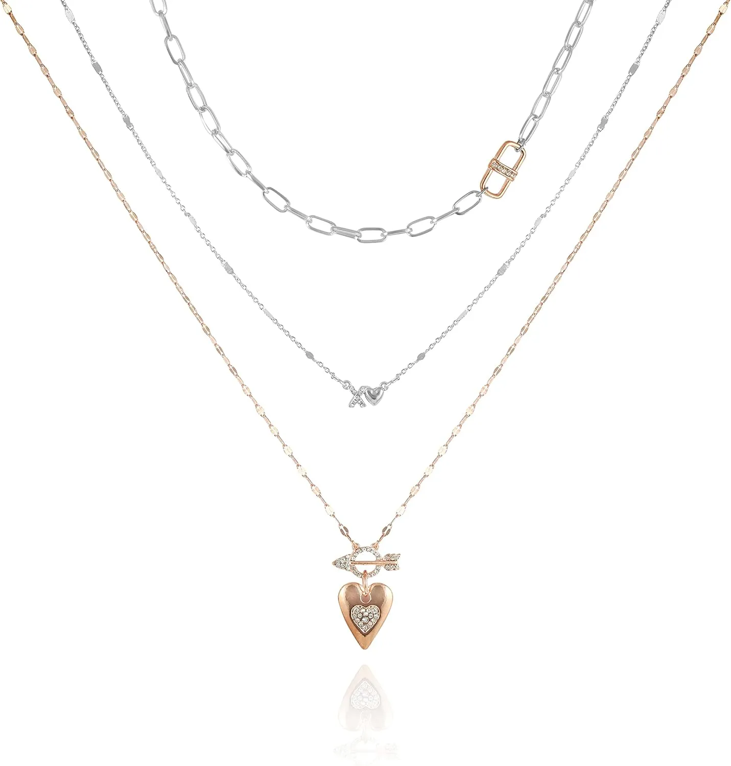 GUESS Silvertone Rosegold Heart Pendant Layered Necklace