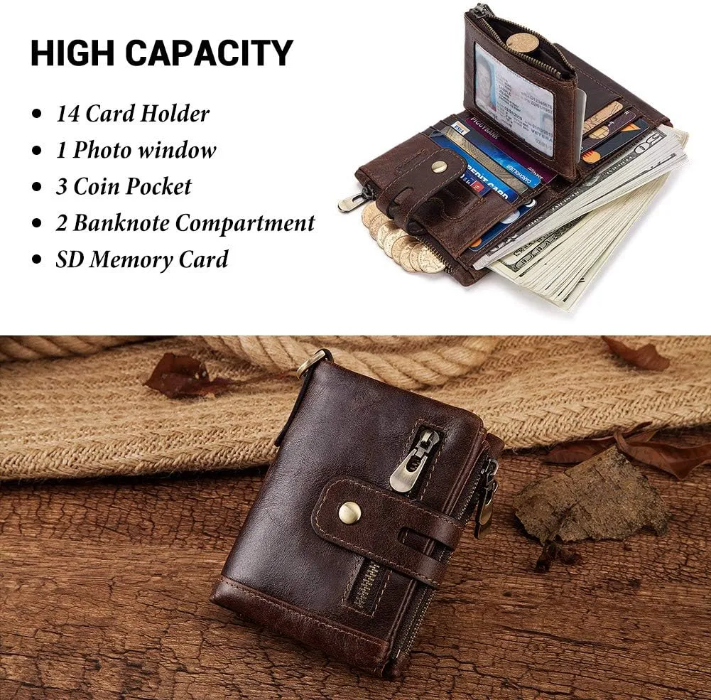 gzcz Mens Wallet with Chain RFID Blocking Genuine Leather Bifold Purse for Men with ID Window and Zip Coin Pocket