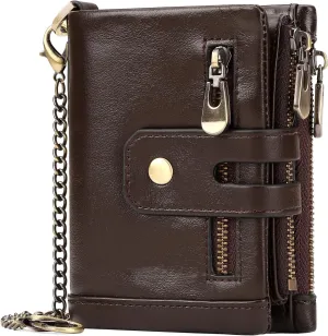 gzcz Mens Wallet with Chain RFID Blocking Genuine Leather Bifold Purse for Men with ID Window and Zip Coin Pocket