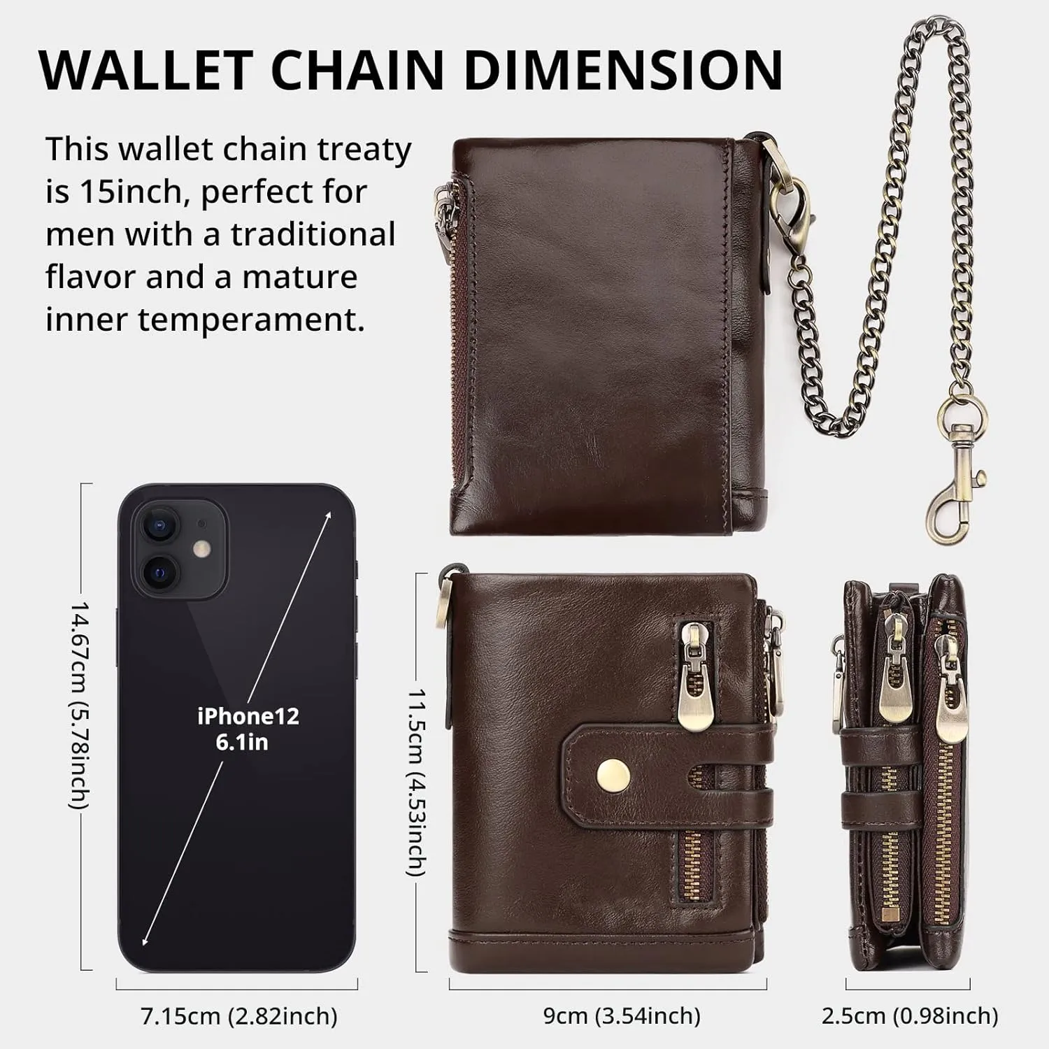 gzcz Mens Wallet with Chain RFID Blocking Genuine Leather Bifold Purse for Men with ID Window and Zip Coin Pocket