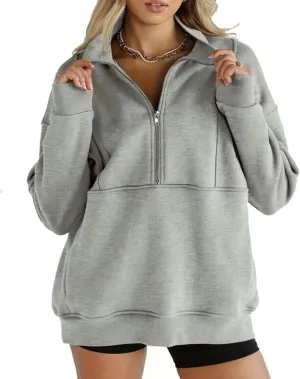 Half Zipper Athletic Fashion Sweatshirt for Women Oversized Fleece Lined Pullover Hoodies with Pockets Fall Winter