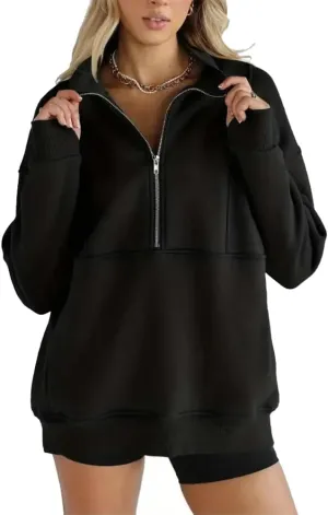 Half Zipper Athletic Fashion Sweatshirt for Women Oversized Fleece Lined Pullover Hoodies with Pockets Fall Winter