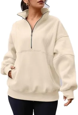 Half Zipper Athletic Fashion Sweatshirt for Women Oversized Fleece Lined Pullover Hoodies with Pockets Fall Winter