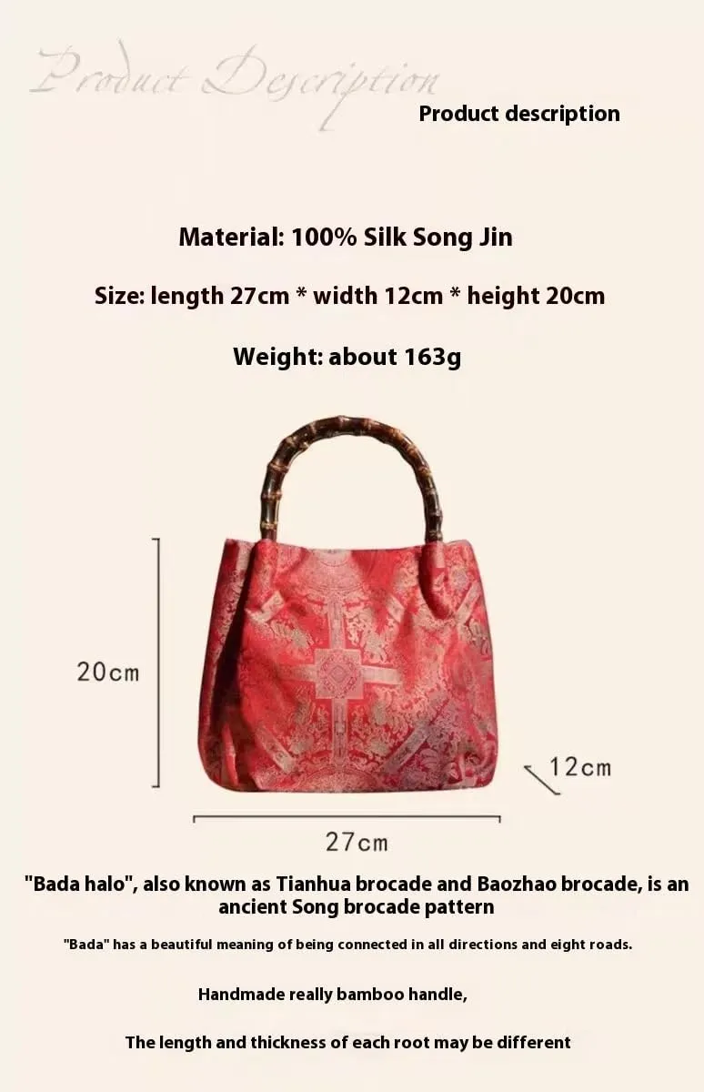 Hand bag, red Song brocade, handmade bamboo handle, vintage style bag, gift for mom, girlfriend