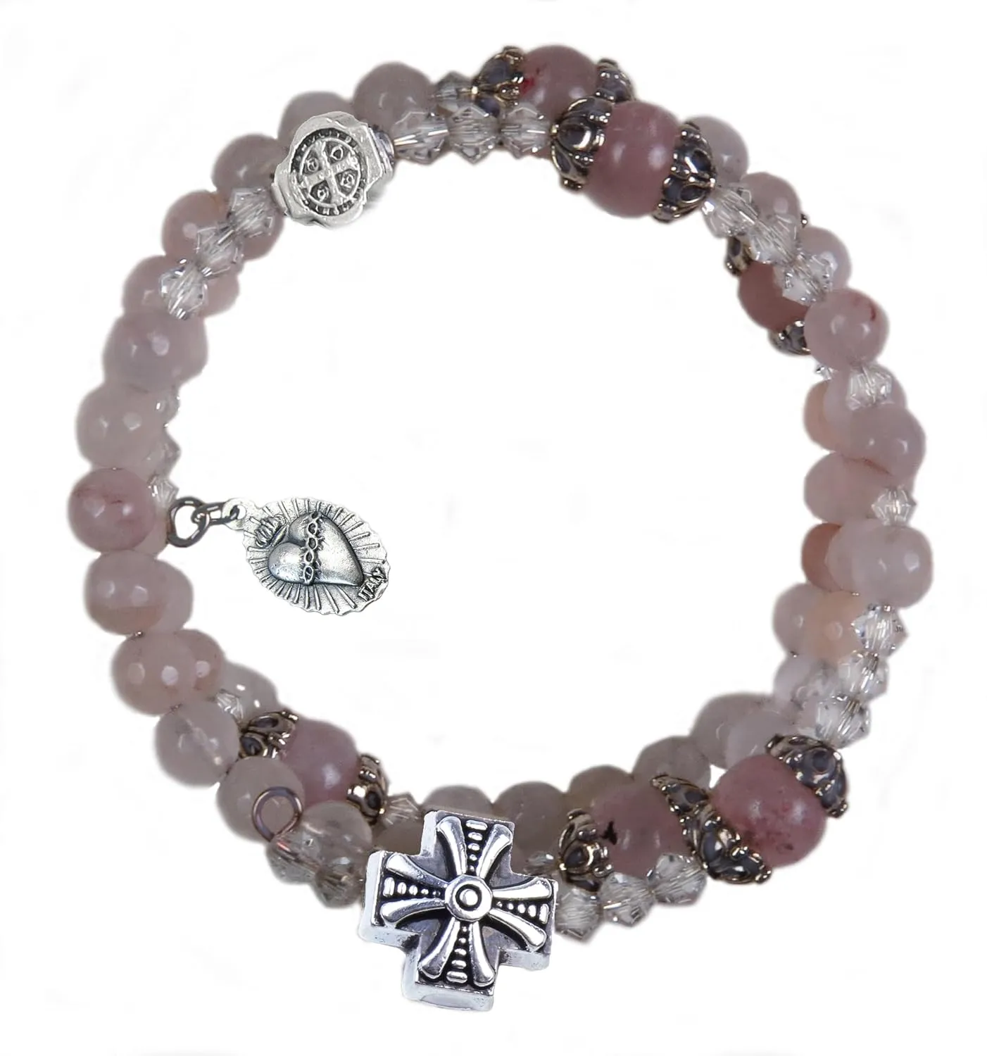 Handmade Five Decade Catholic Rosary Bracelet Wrap Memory Wire Rose Quartz Beaded Stackable Bracelet