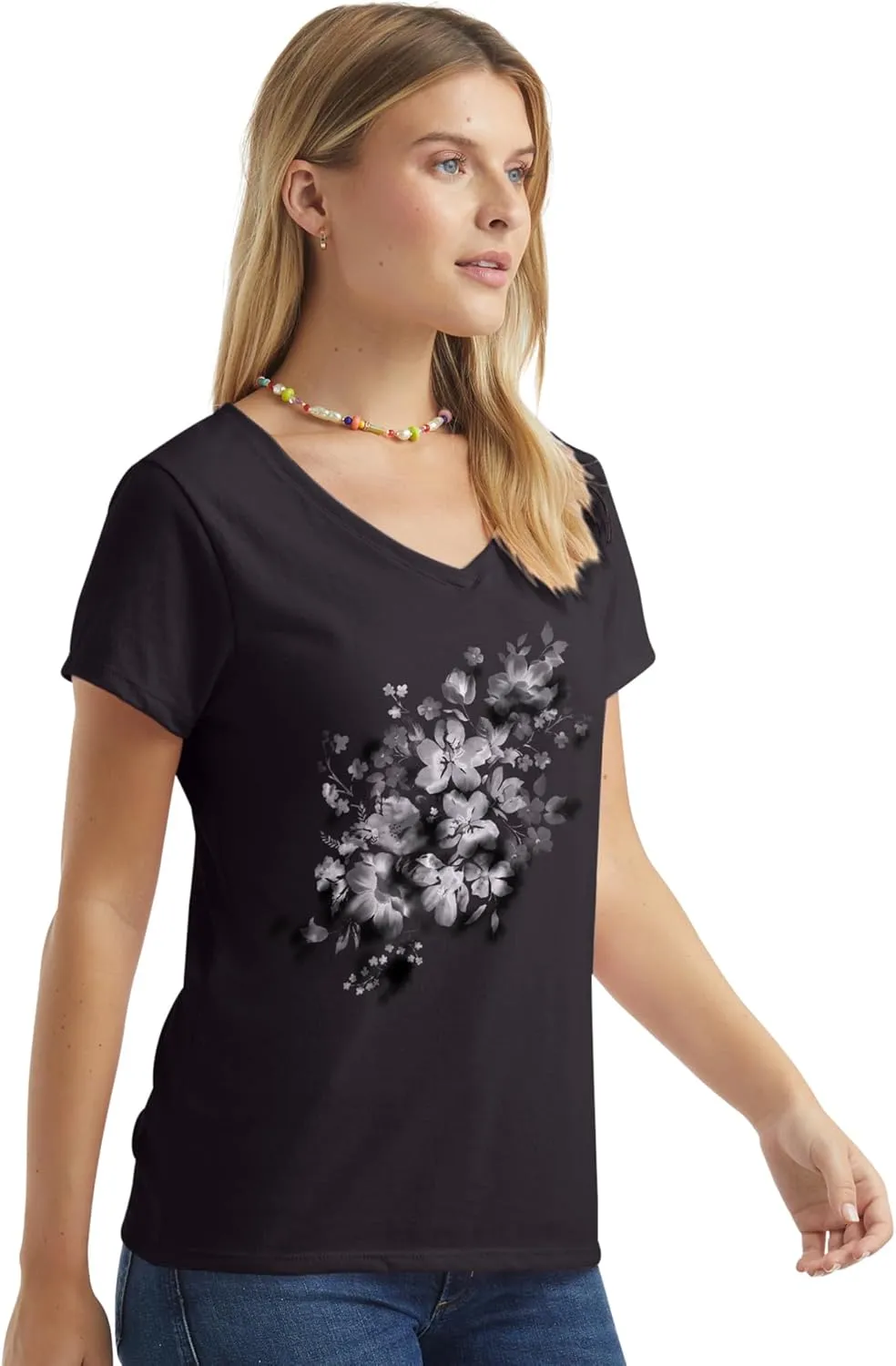 Hanes Women's Short Sleeve V-Neck Graphic T-Shirt