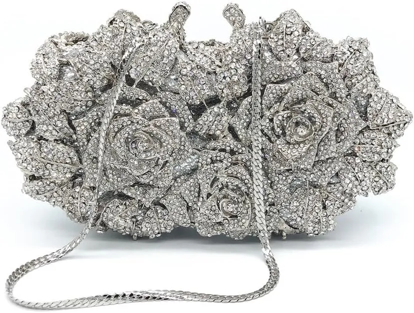 HBJWOV Handmade Inlaid Dinner Bag Rose Metal Hard Box Evening Bag Banquet Clutch