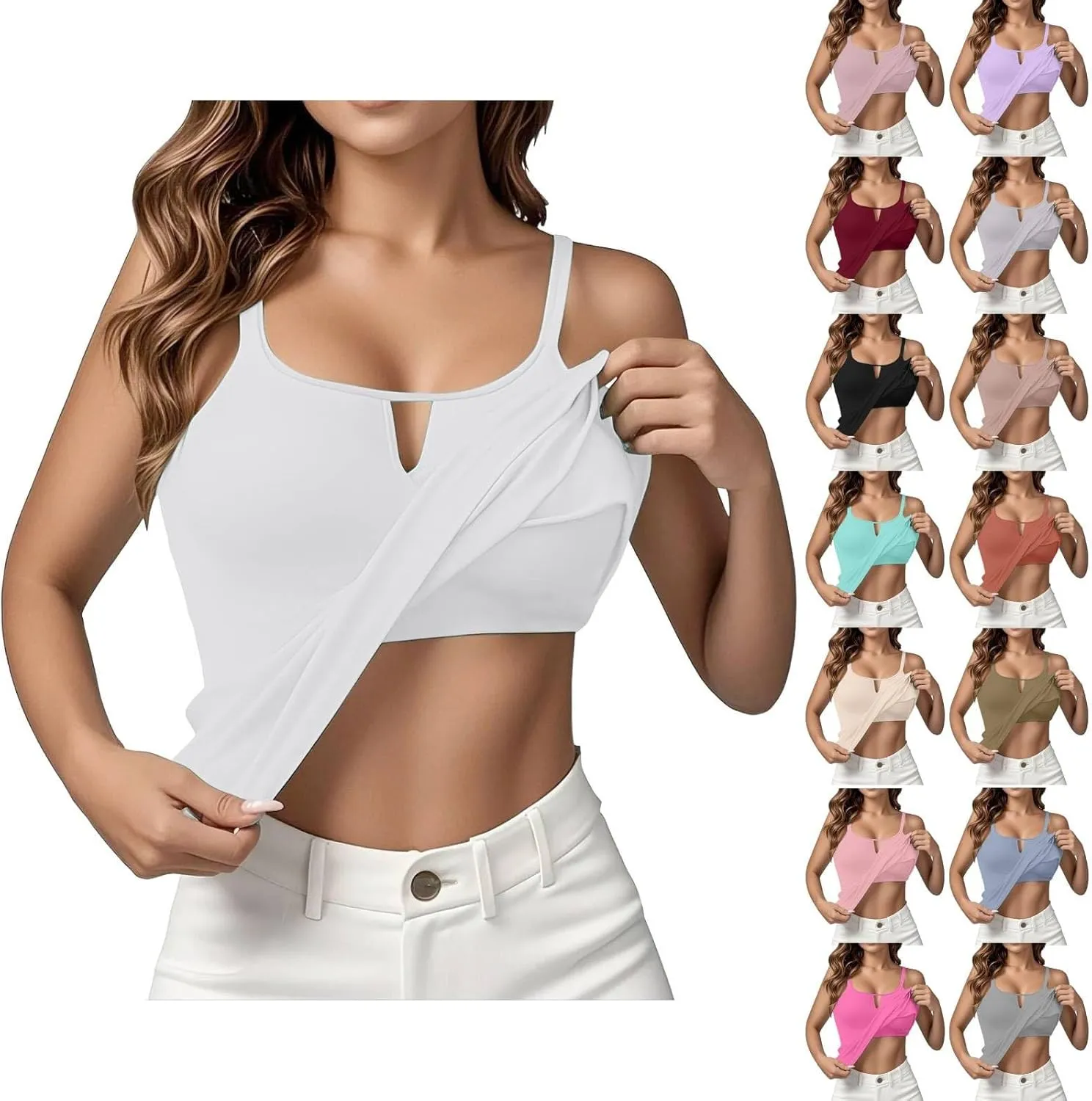 Heevina Tank Tops with Built in Bras Hollow Out Camisole for Women Cami Solid Color Vest Casual Summer