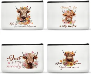 Highland Cow Print Makeup Bag - 4 Pcs Watercolor Floral Cow Makeup Bags for Women, Cute Cow Gifts for Party Supplies, Farm Theme Party Favor Gift for Cowgirls, Teen Girls