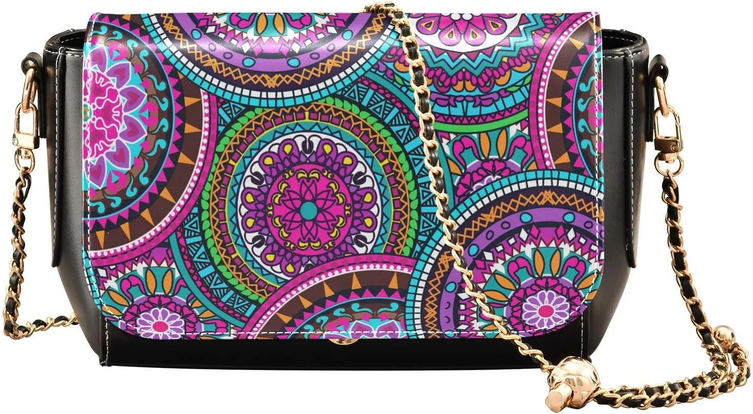 Hippie Mandala Pattern Crossbody Bags for Women, Trendy Small Shoulder Bag, PU Leather Clutch Purse Underarm Handbag Satchel HandBag with Adjustable Metal Chain