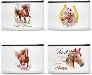 Horse Print Makeup Bag - 4 Pcs Watercolor Floral Horse Lovers Cosmetic Bags - Party Supplies Farm Theme Gift for Girls