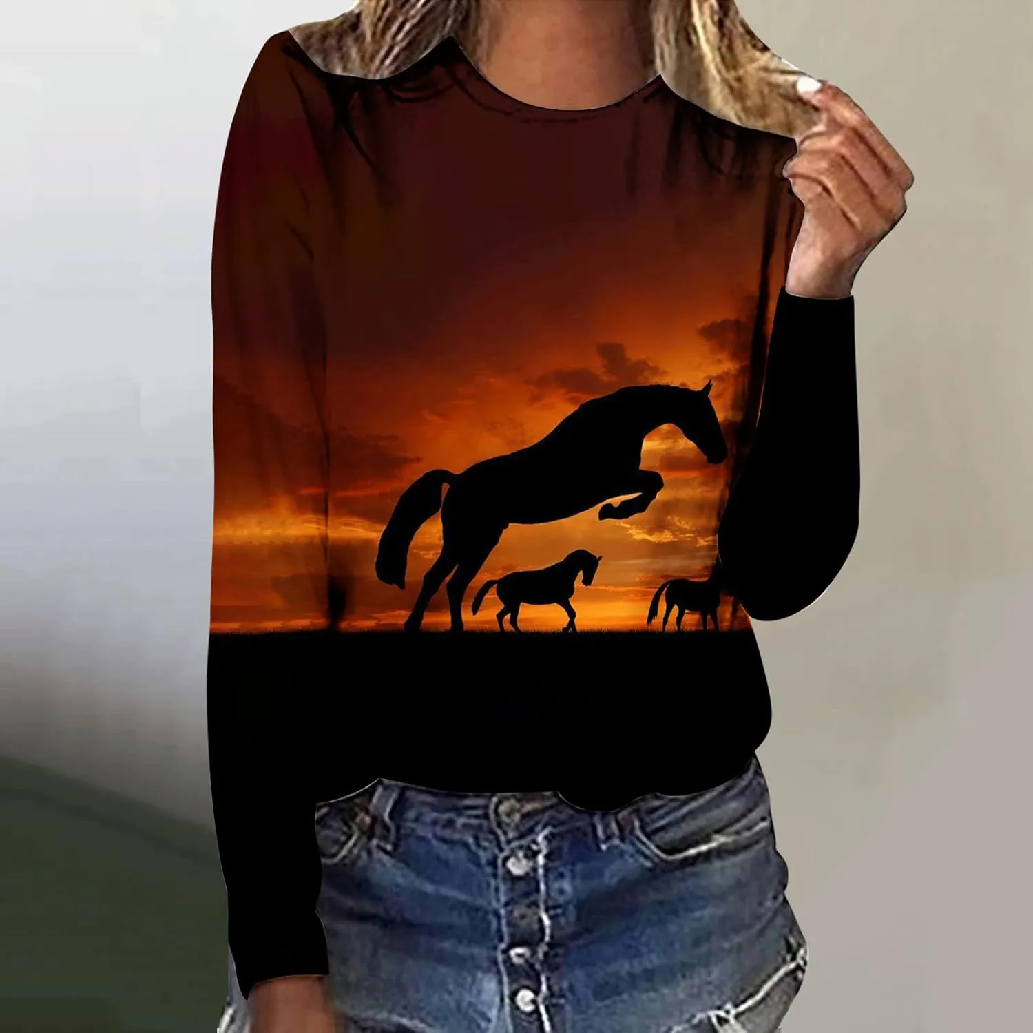 Horses T Shirt Women Funny Graphic Tees Long Sleeve Crew Neck Shirts Casual Loose Fit Blouses Horse Lover T-Shirt Gift