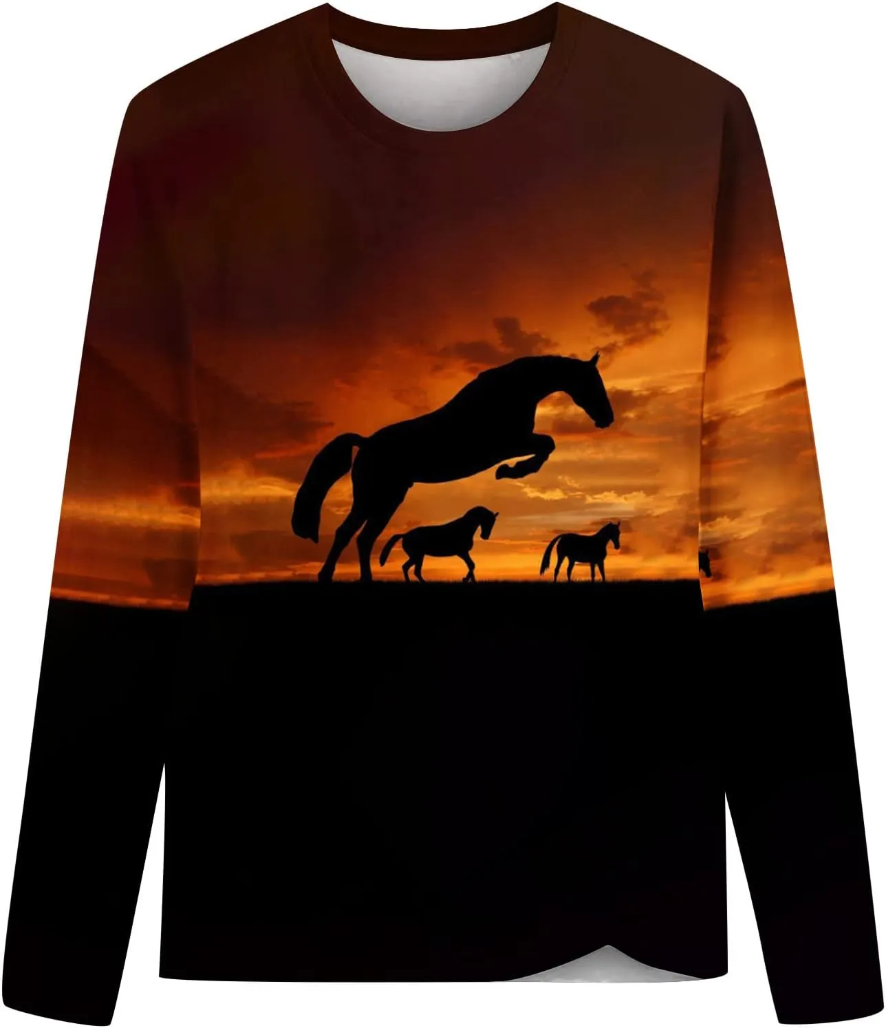 Horses T Shirt Women Funny Graphic Tees Long Sleeve Crew Neck Shirts Casual Loose Fit Blouses Horse Lover T-Shirt Gift