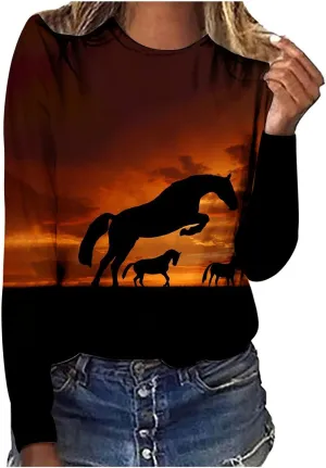 Horses T Shirt Women Funny Graphic Tees Long Sleeve Crew Neck Shirts Casual Loose Fit Blouses Horse Lover T-Shirt Gift