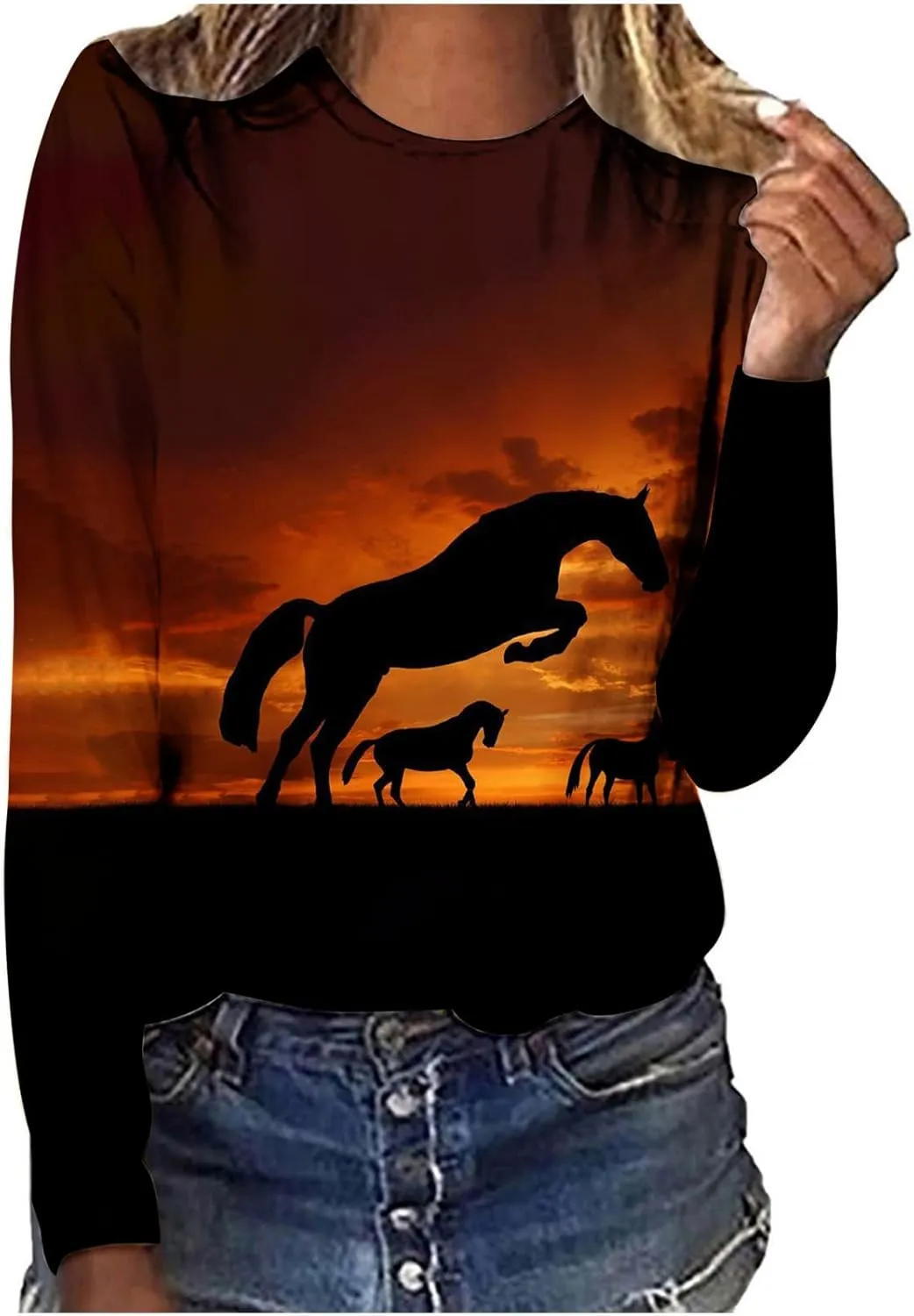 Horses T Shirt Women Funny Graphic Tees Long Sleeve Crew Neck Shirts Casual Loose Fit Blouses Horse Lover T-Shirt Gift