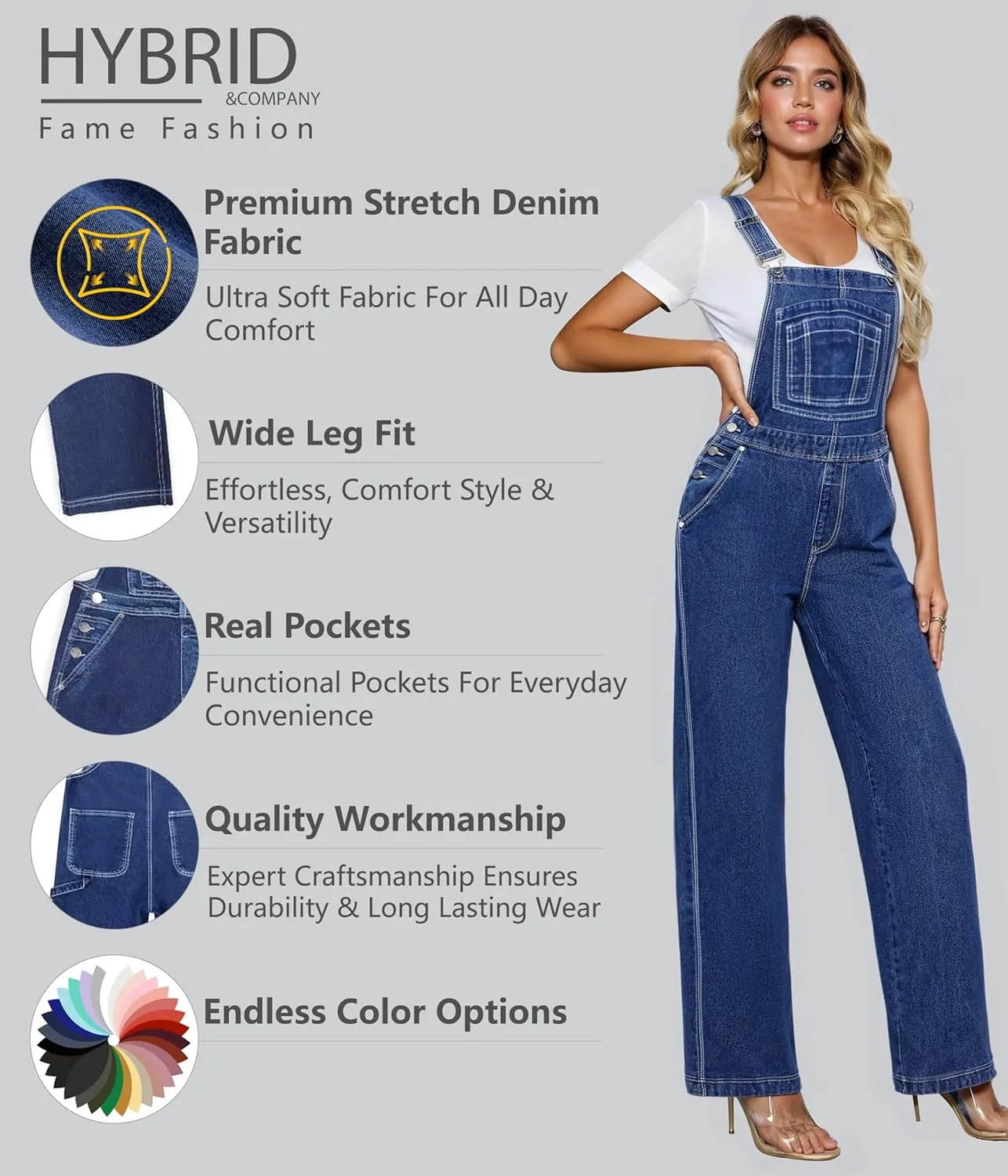 Hybrid & Company Womens Super Comfy Stretch Denim jumpsuit Pants Overalls