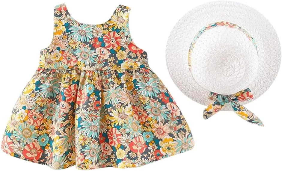 IBAKOM Baby Girl Sleeveless Flower Summer Dress Hawaiian Beach Party Dresses Boho Princess Sundress with Straw Hat