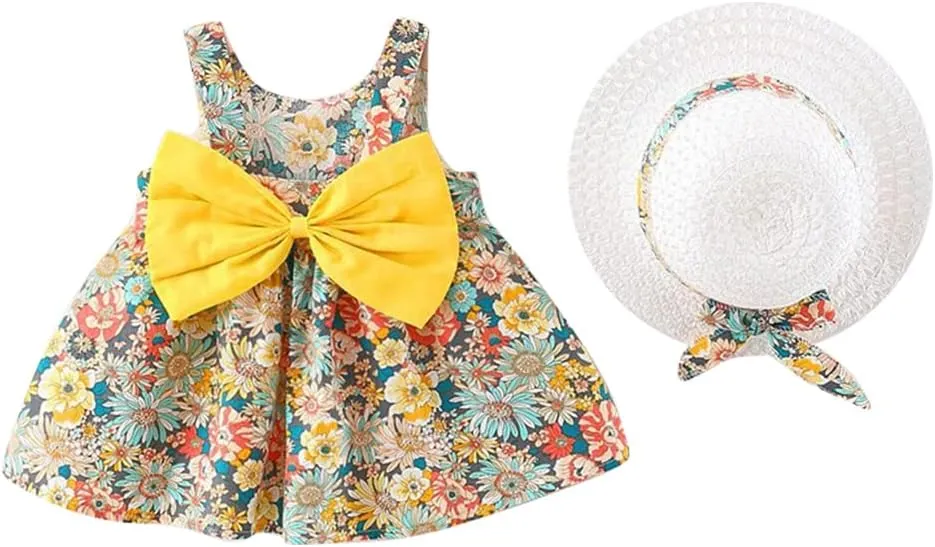 IBAKOM Baby Girl Sleeveless Flower Summer Dress Hawaiian Beach Party Dresses Boho Princess Sundress with Straw Hat