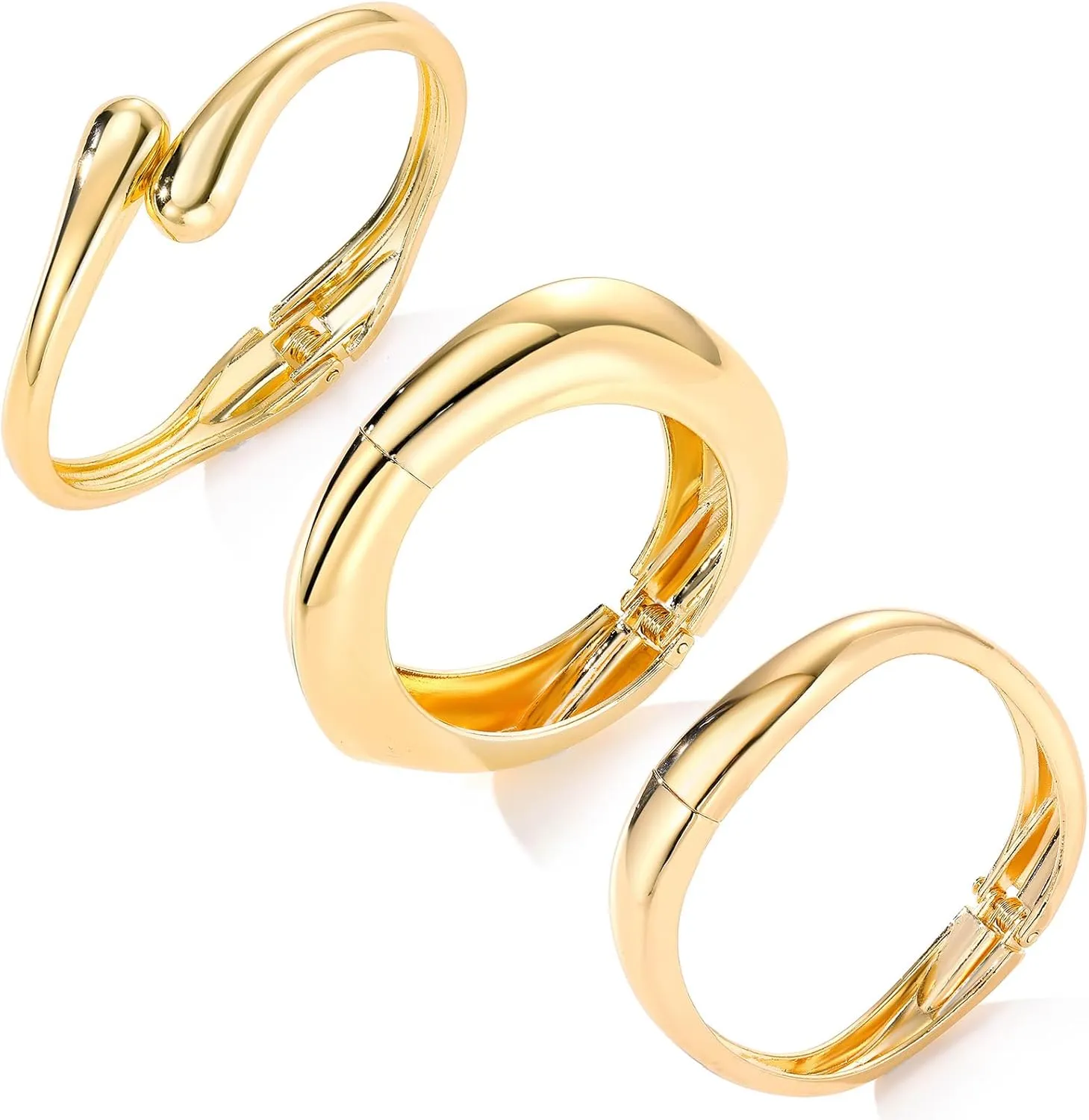 IFKM 3pcs Chunky Gold Bangle Bracelet For Women 14k Gold Plated Trendy Wide Hinged Cuff Open Bracelet Dainty Minimalist Jewelry Gifts