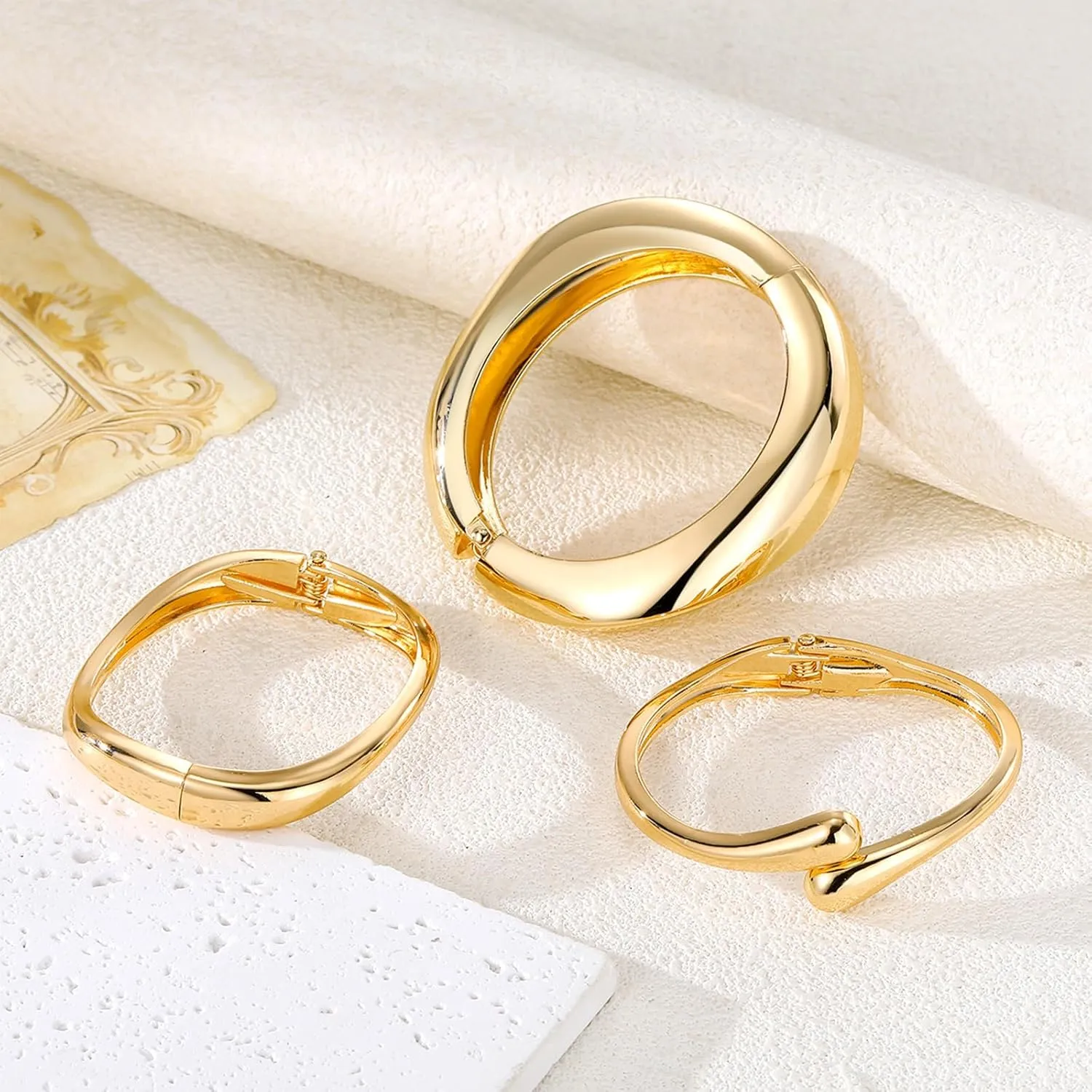 IFKM 3pcs Chunky Gold Bangle Bracelet For Women 14k Gold Plated Trendy Wide Hinged Cuff Open Bracelet Dainty Minimalist Jewelry Gifts