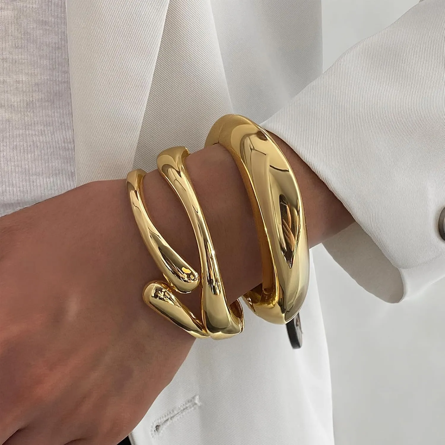 IFKM 3pcs Chunky Gold Bangle Bracelet For Women 14k Gold Plated Trendy Wide Hinged Cuff Open Bracelet Dainty Minimalist Jewelry Gifts