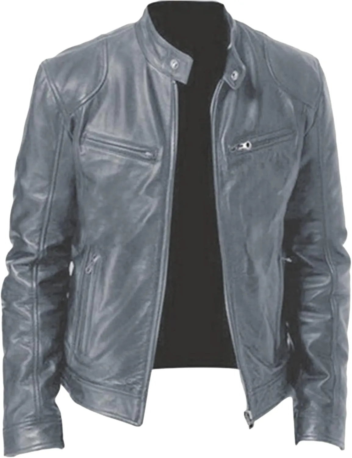 JEsilunmaMY Men's Fall Winter Leather Jacket Full Zip Stand Collar Motorcycle Bomber Jacket Plus Size Slim Business Bike Coat