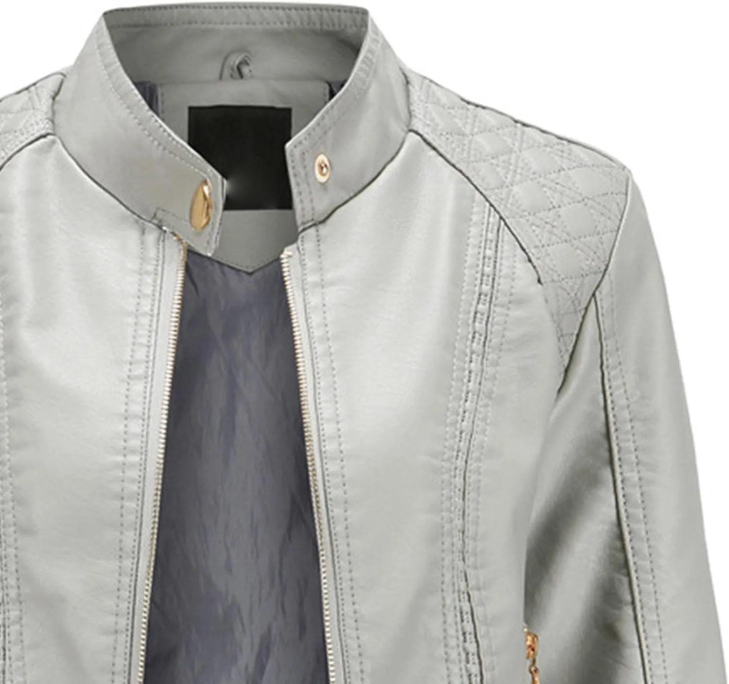 JEsilunmaMY Women's Solid Color Motorcycle Leather Jacket Stand Collar Zip Up Moto Biker Outwear Casual Loose Bomber Coats