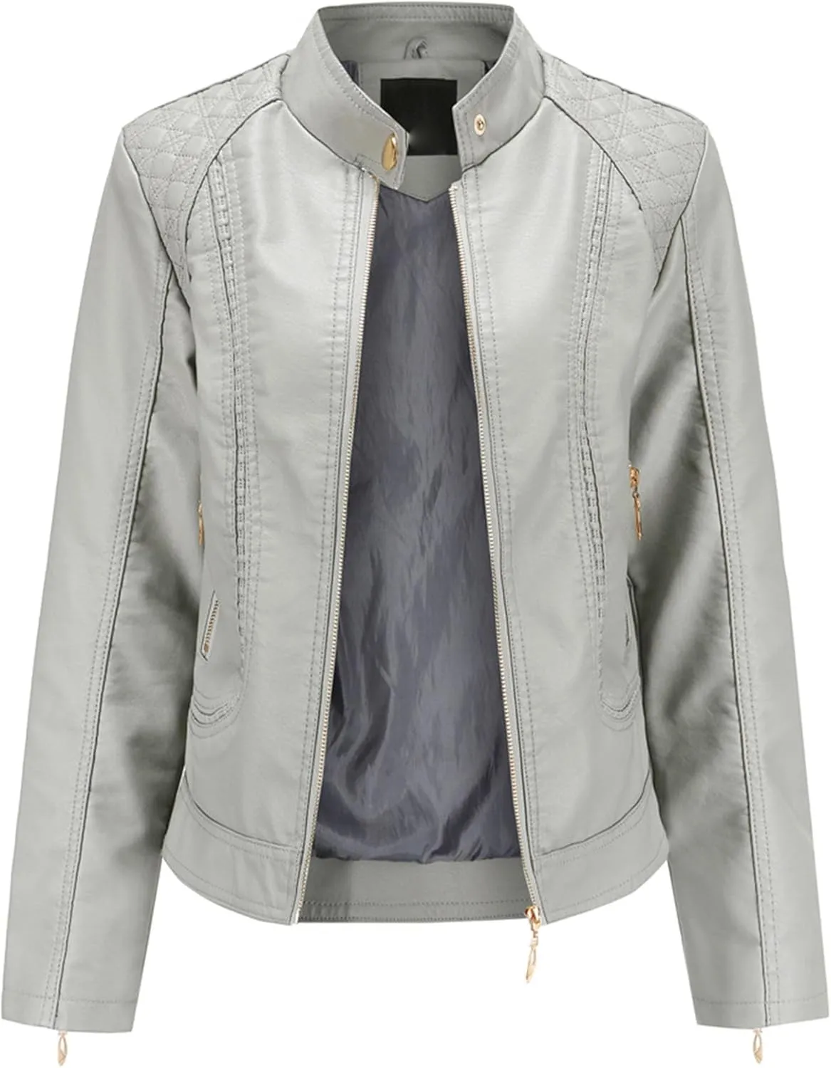 JEsilunmaMY Women's Solid Color Motorcycle Leather Jacket Stand Collar Zip Up Moto Biker Outwear Casual Loose Bomber Coats
