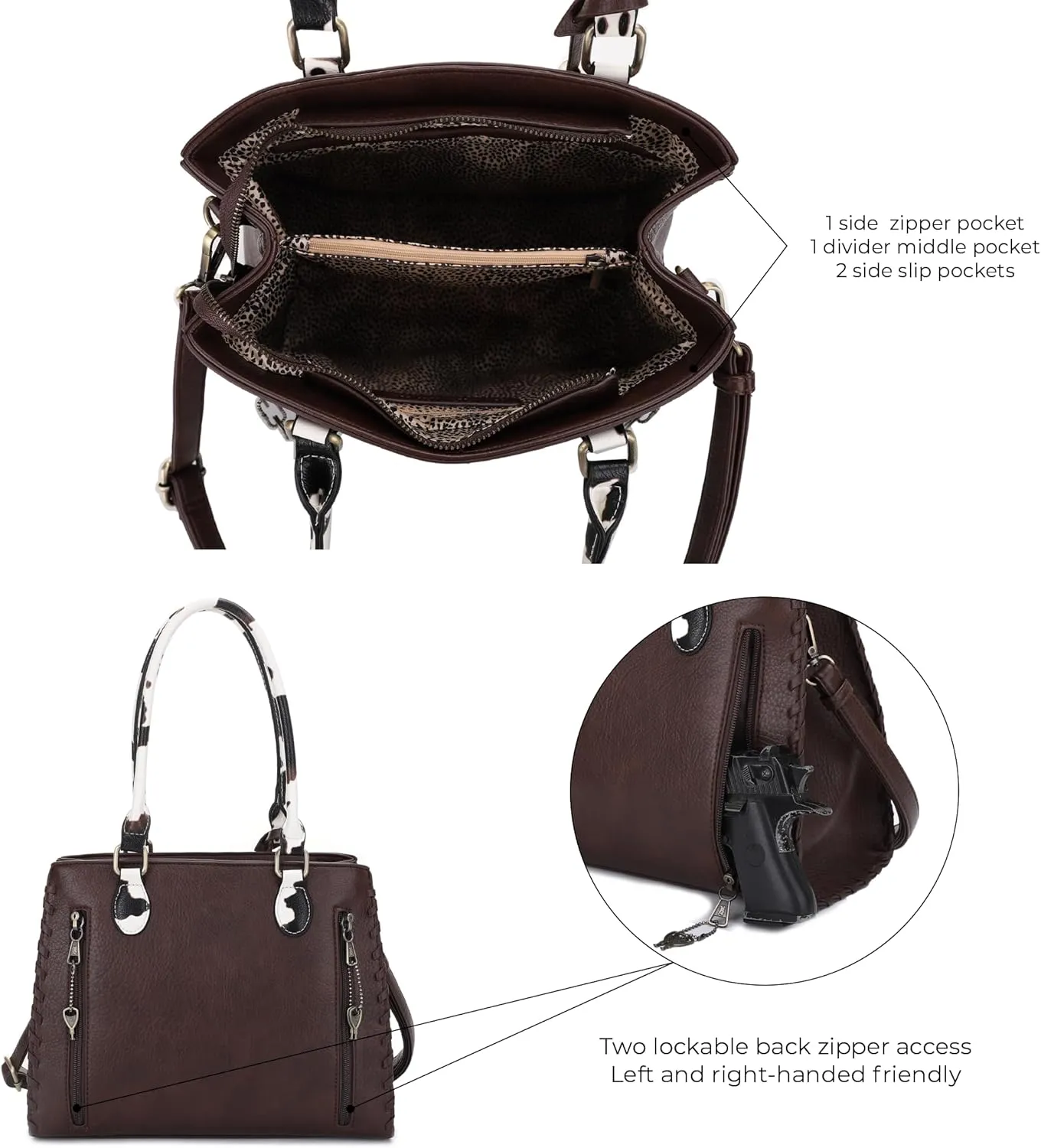 JESSIE & JAMES Montana Whipstitching Cow Print Top Handle Satchel Purse with Adjustable Shoulder Strap