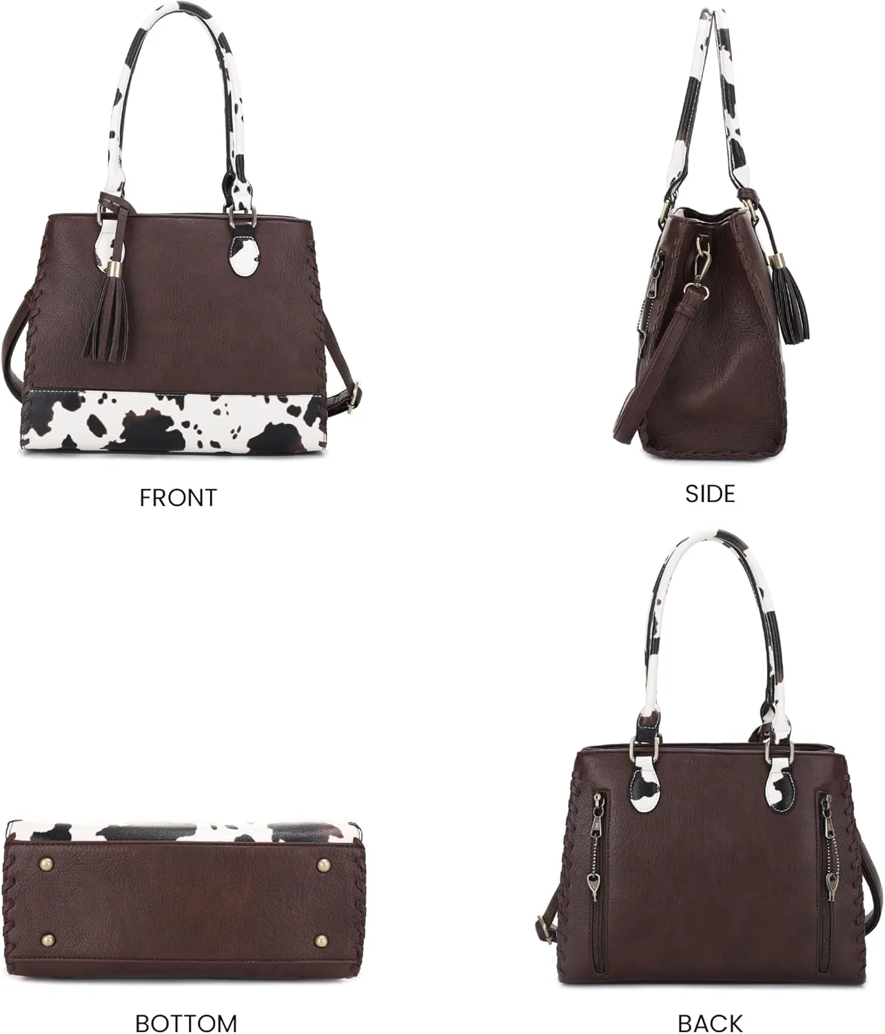 JESSIE & JAMES Montana Whipstitching Cow Print Top Handle Satchel Purse with Adjustable Shoulder Strap