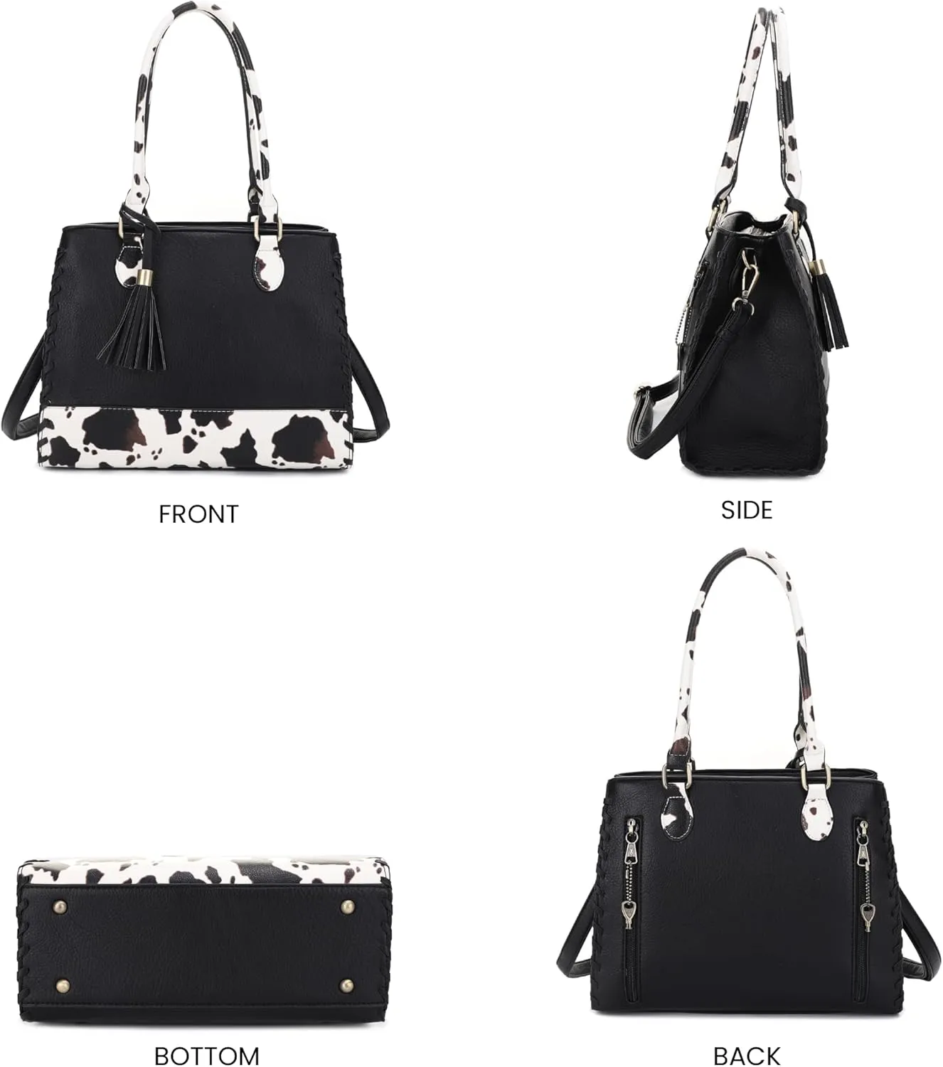 JESSIE & JAMES Montana Whipstitching Cow Print Top Handle Satchel Purse with Adjustable Shoulder Strap