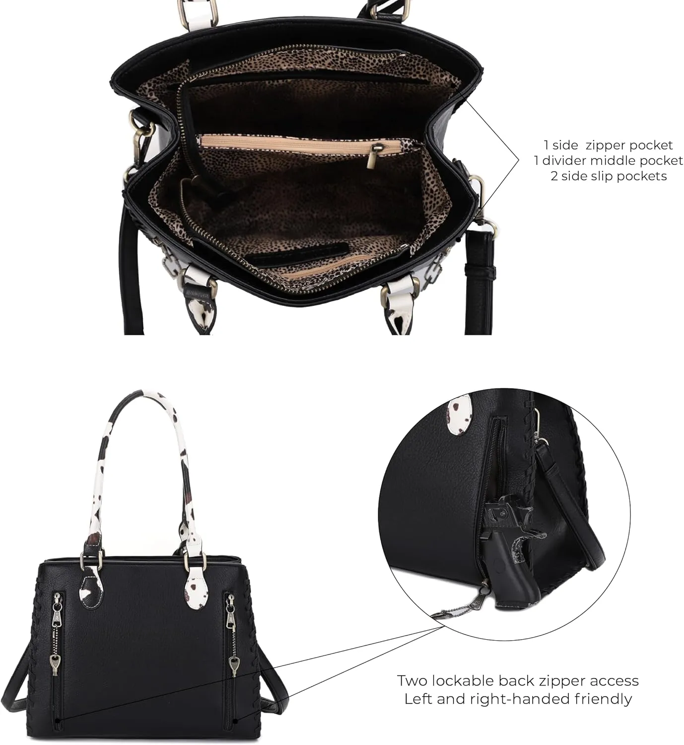 JESSIE & JAMES Montana Whipstitching Cow Print Top Handle Satchel Purse with Adjustable Shoulder Strap