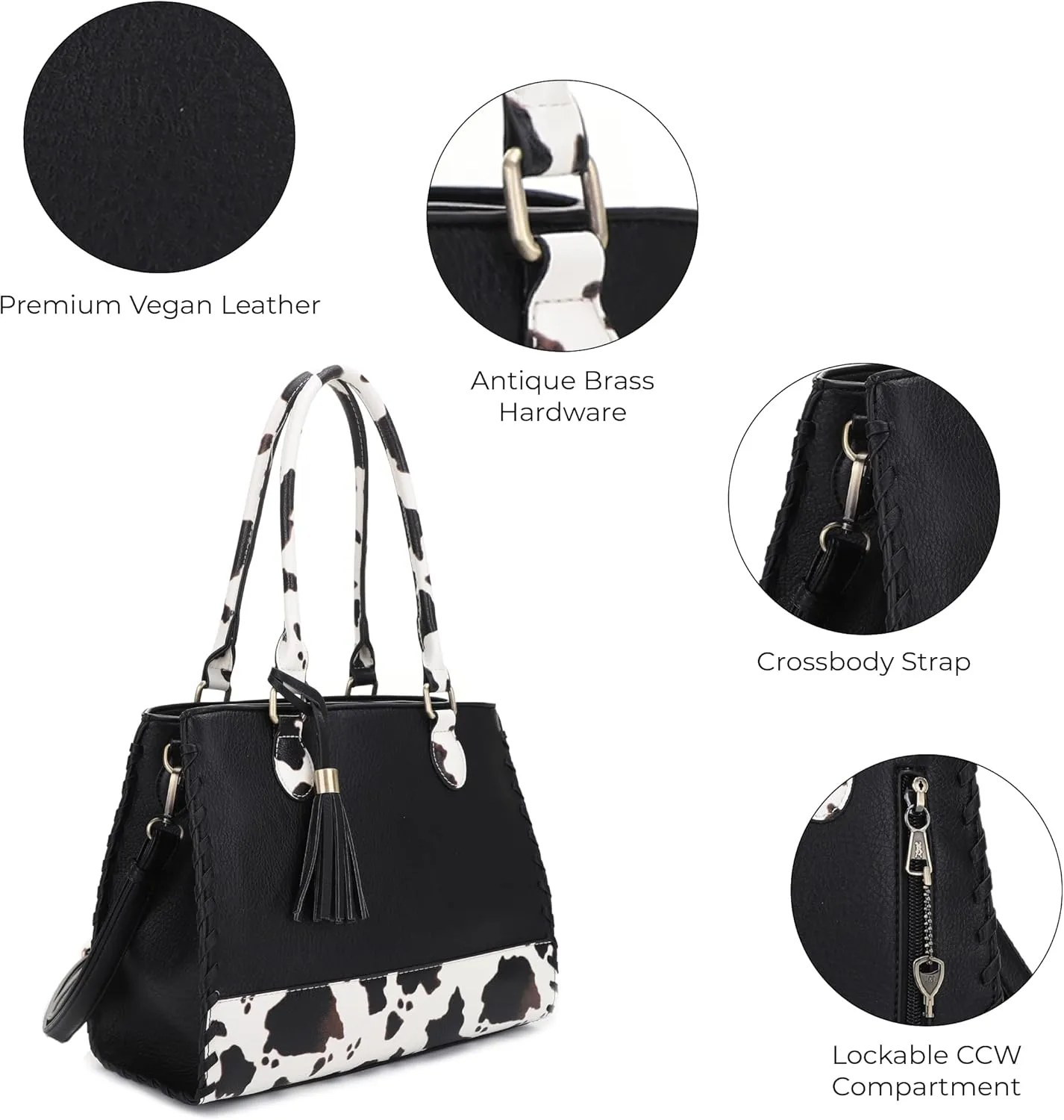 JESSIE & JAMES Montana Whipstitching Cow Print Top Handle Satchel Purse with Adjustable Shoulder Strap