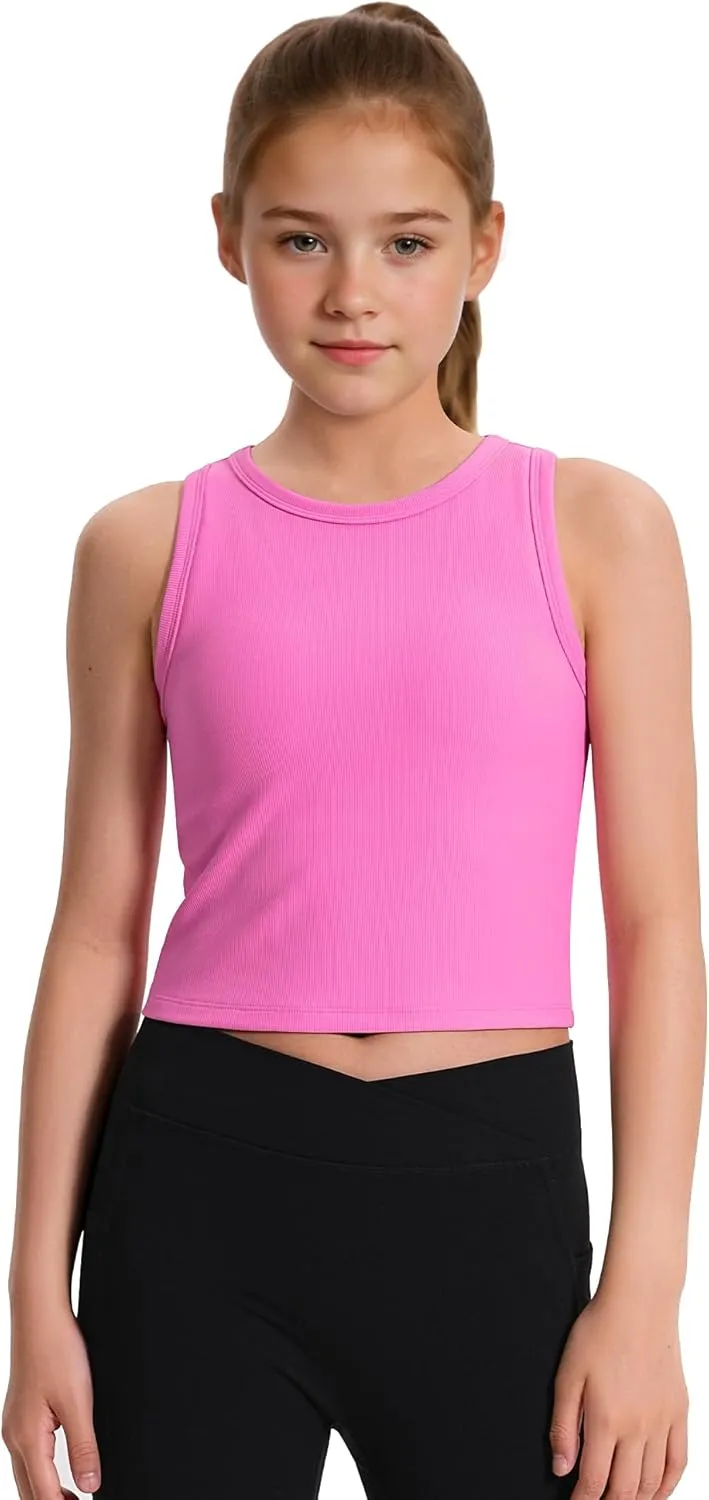 JOCMIC 2 Pack Girls Tank Tops Kids Athletic Tanks Basic Ribbed Knit Crew Neck Cropped Tops for Sports Yoga