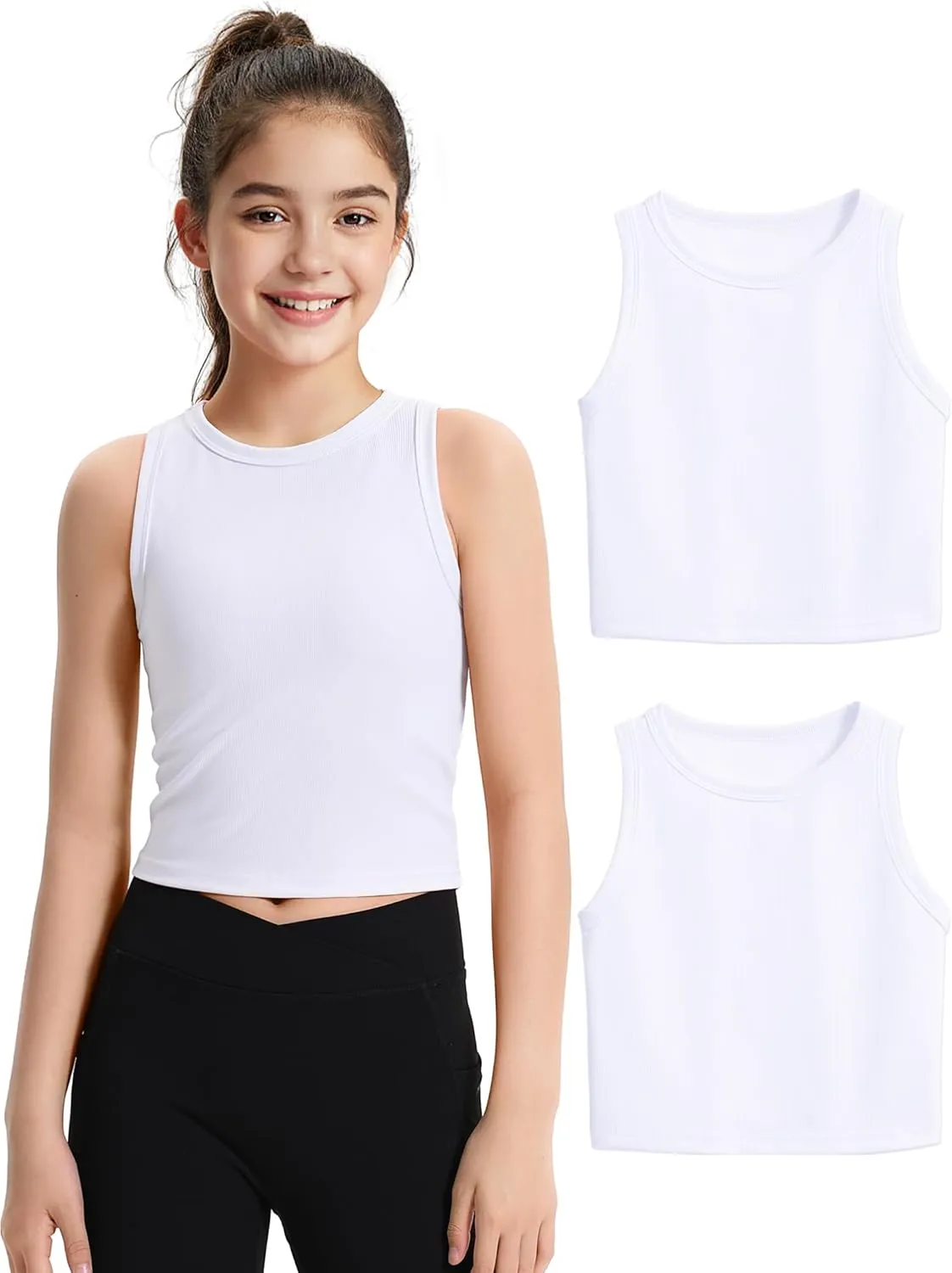 JOCMIC 2 Pack Girls Tank Tops Kids Athletic Tanks Basic Ribbed Knit Crew Neck Cropped Tops for Sports Yoga