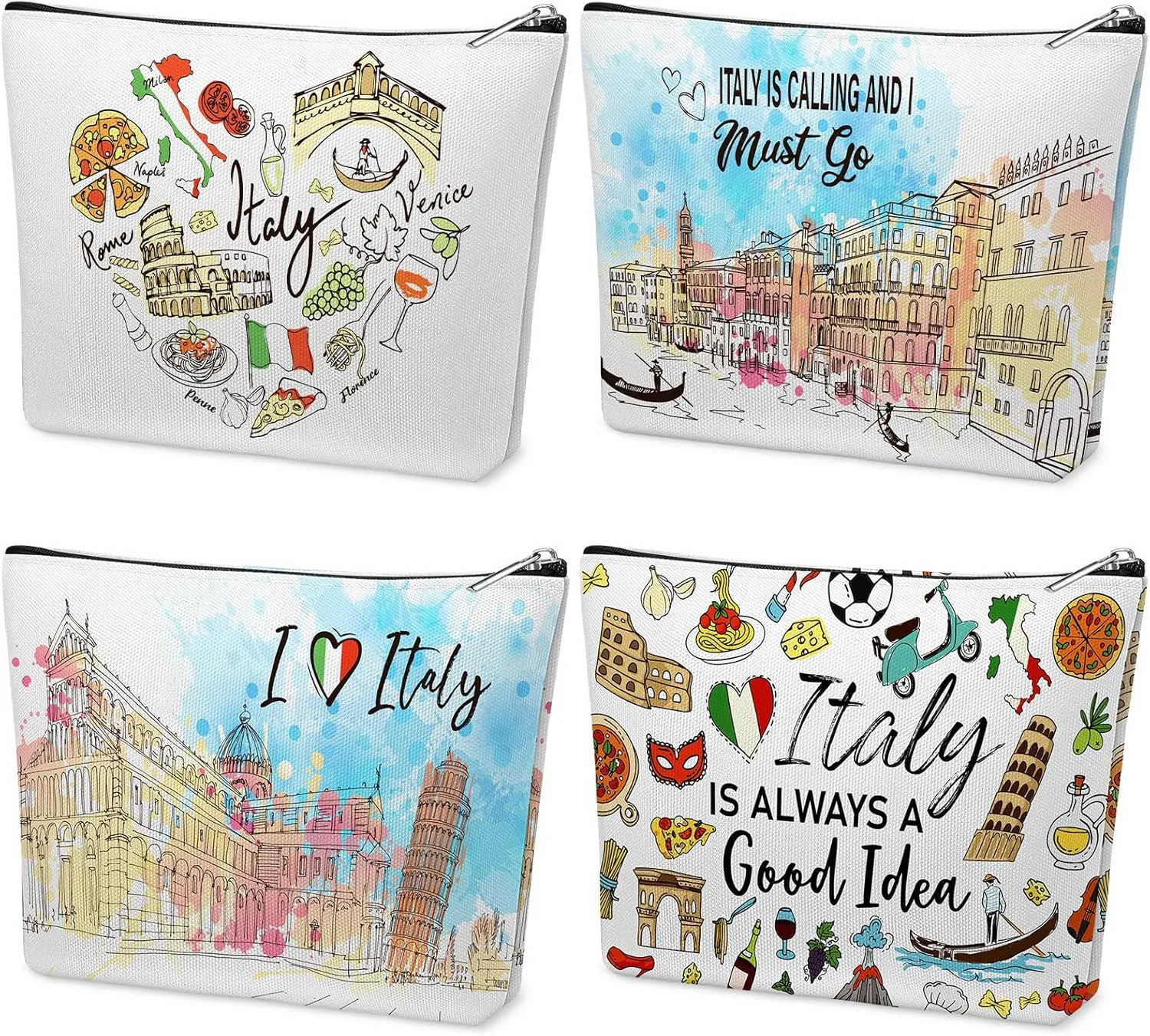 Kacctyen 4 Pack Italy Travel Gifts Cosmetic Bag for Women City Theme Makeup Bag with Zipper Italian Souvenir Gifts for Italy Lovers Travellers Women Girls