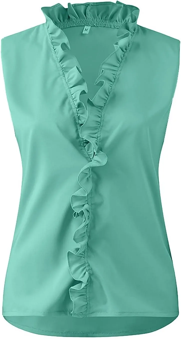 KIKX0DE Womens Sleeveless Ruffle Peplum Front Tank Tops Casual Summer V Neck Shirts