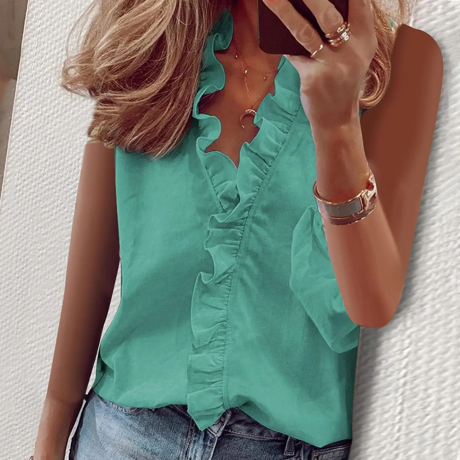 KIKX0DE Womens Sleeveless Ruffle Peplum Front Tank Tops Casual Summer V Neck Shirts