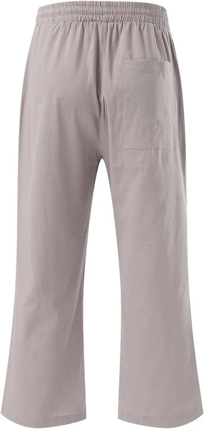 KIKX0DE Womens Summer Fashion Capri Pants Casual Drawstring Elastic High Waist Linen Pant Straight Cropped Trousers