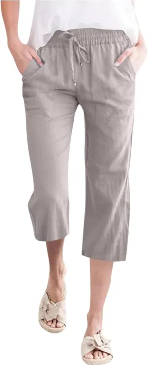 KIKX0DE Womens Summer Fashion Capri Pants Casual Drawstring Elastic High Waist Linen Pant Straight Cropped Trousers
