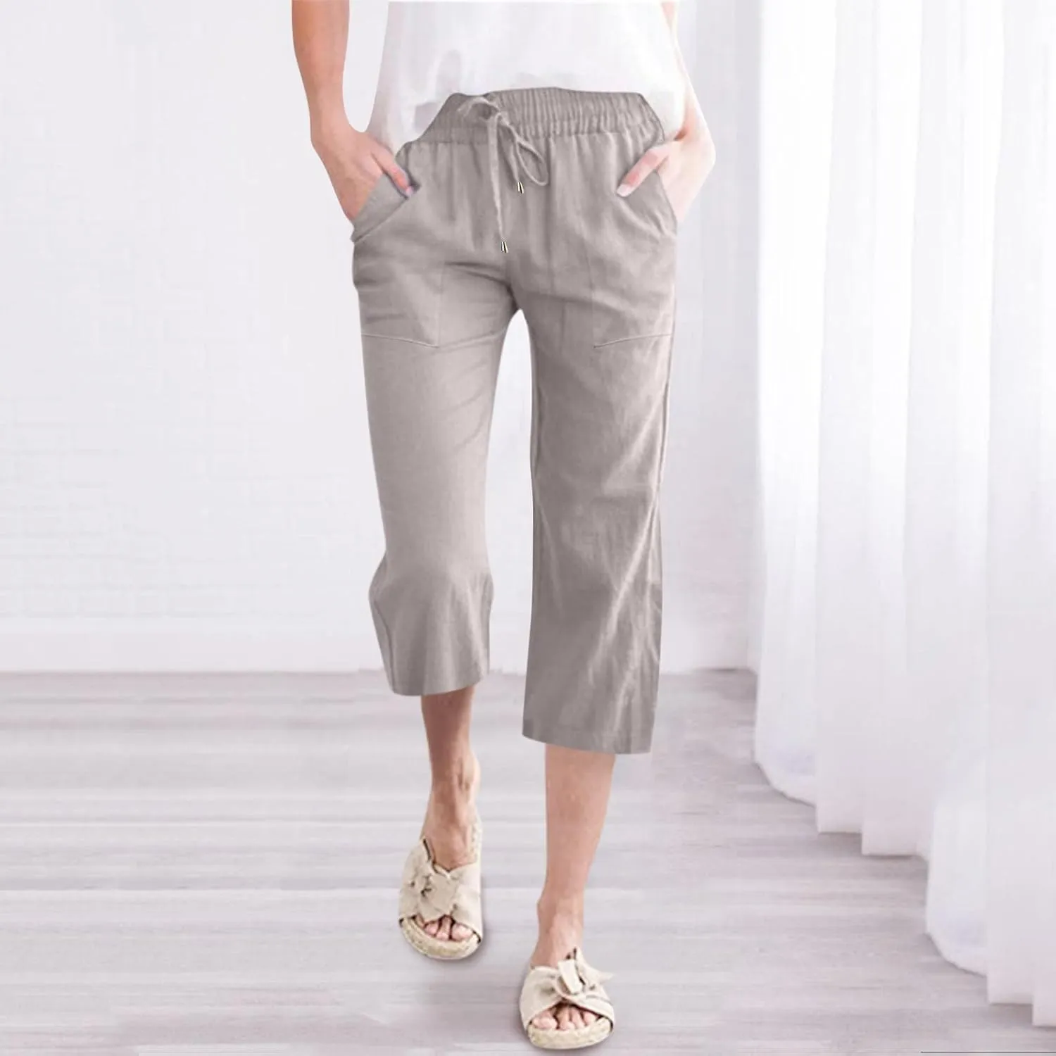 KIKX0DE Womens Summer Fashion Capri Pants Casual Drawstring Elastic High Waist Linen Pant Straight Cropped Trousers