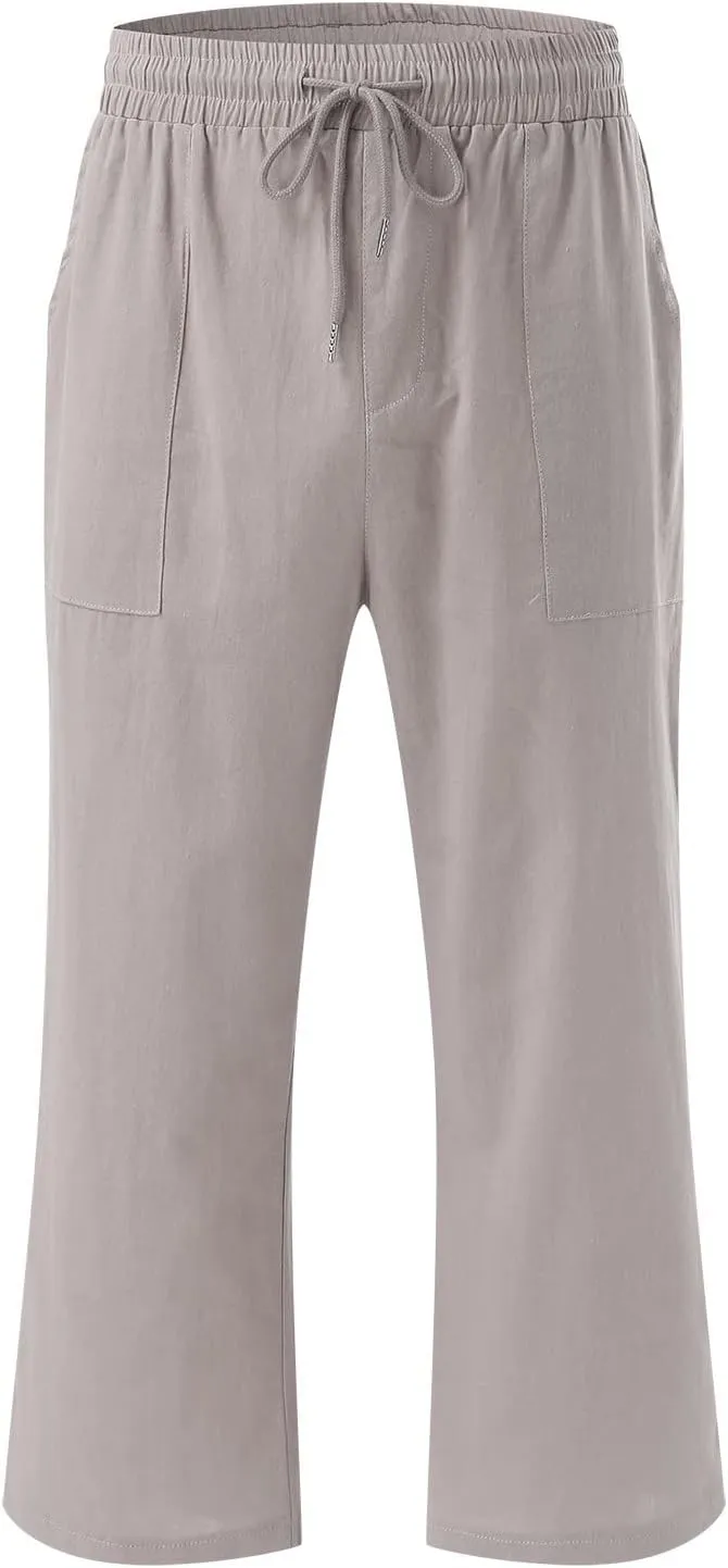 KIKX0DE Womens Summer Fashion Capri Pants Casual Drawstring Elastic High Waist Linen Pant Straight Cropped Trousers