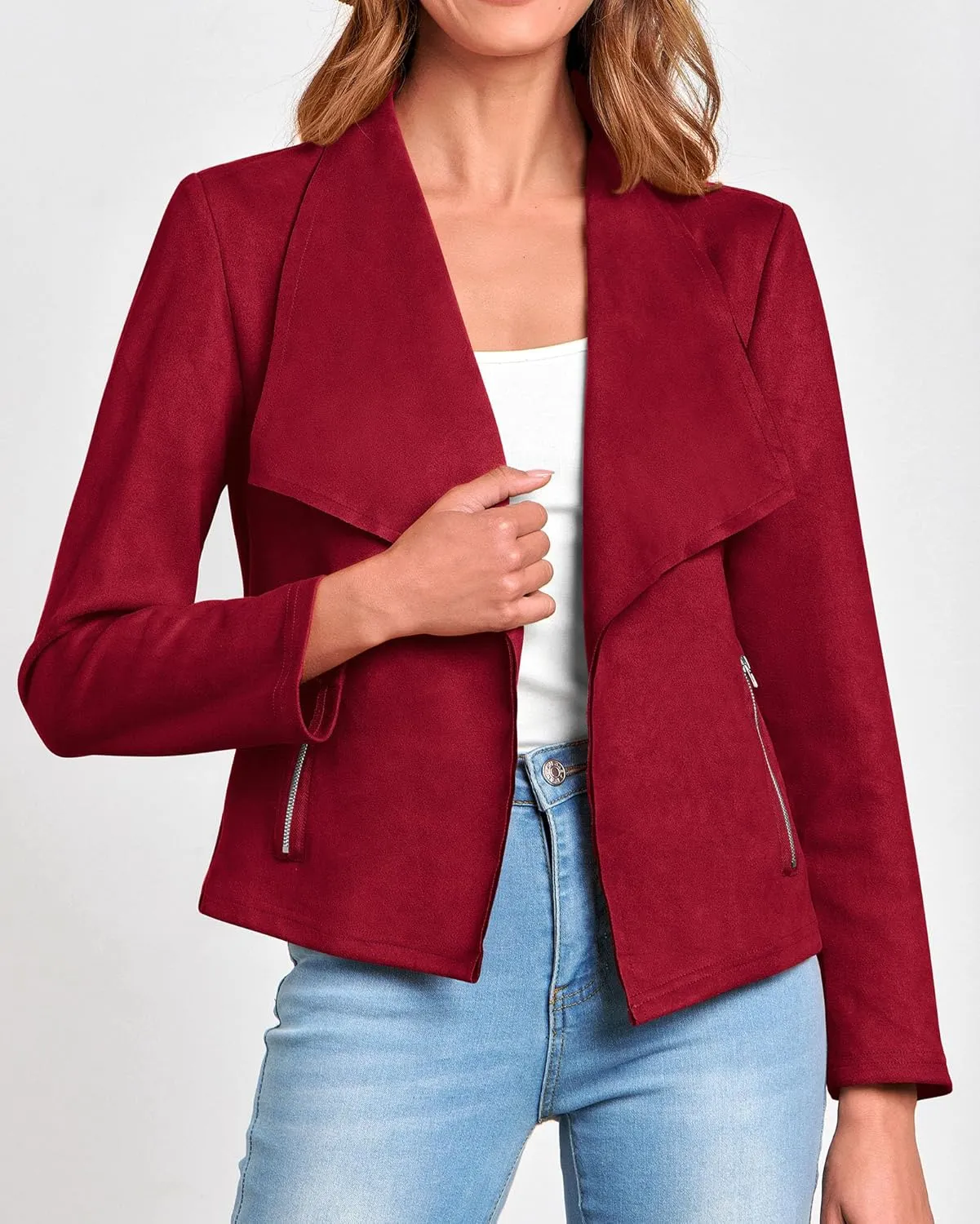 KIRUNDO Womens Fashion Faux Suede Jacket 2024 Fall Winter Casual Long Sleeve Open Front Bomber Cropped Coat Outerwear