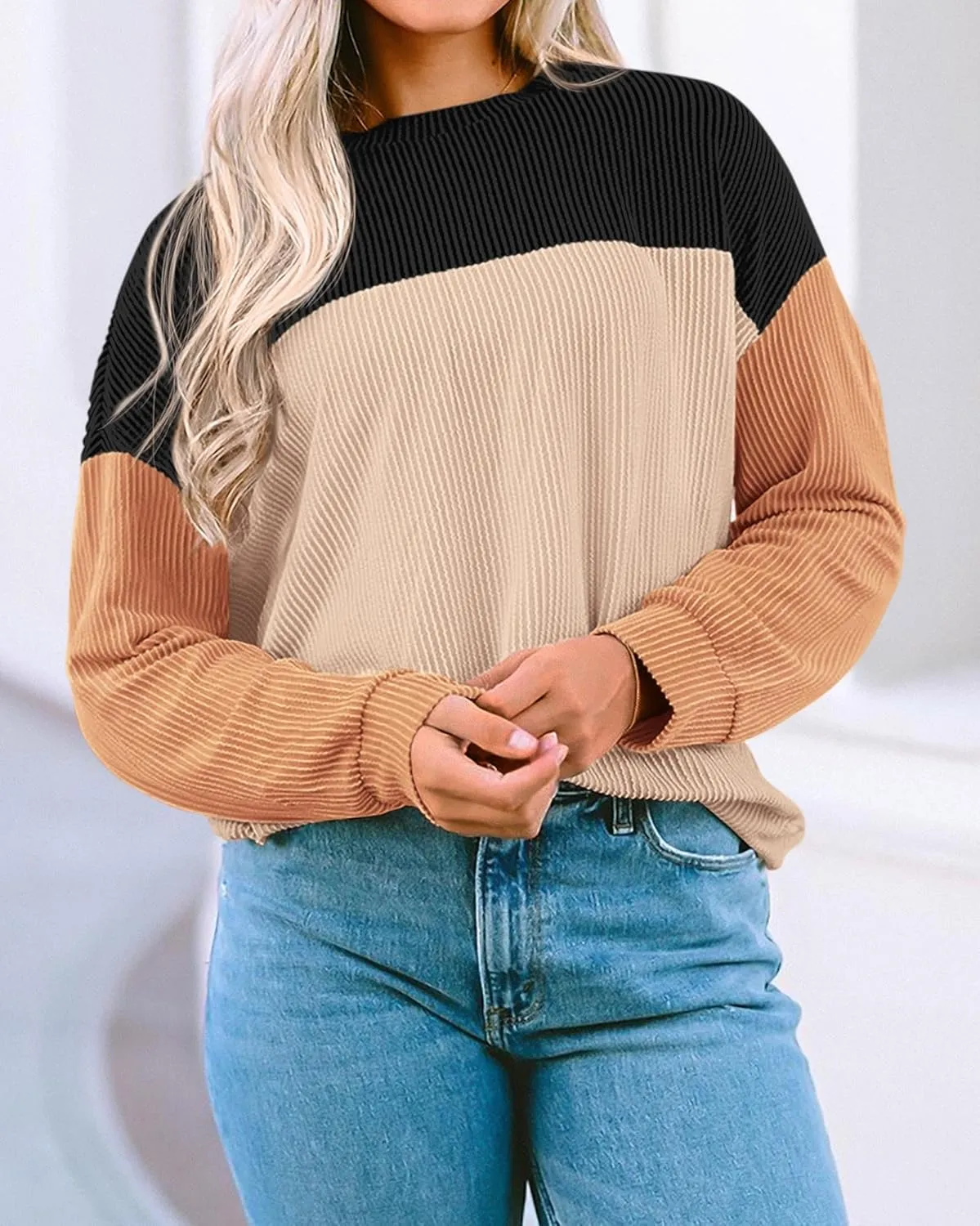 KIRUNDO Womens Spring Fashion 2025 Ribbed Long Sleeve Knit Tops Color Block Casual Loose Crewneck Pullover Shirts Clothing