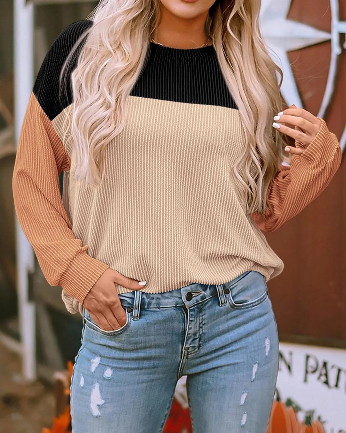 KIRUNDO Womens Spring Fashion 2025 Ribbed Long Sleeve Knit Tops Color Block Casual Loose Crewneck Pullover Shirts Clothing