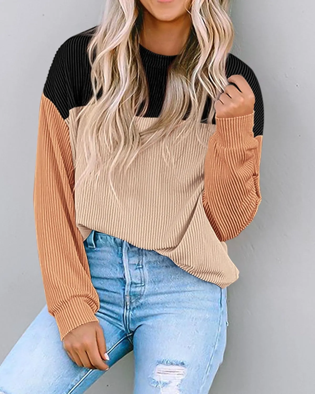 KIRUNDO Womens Spring Fashion 2025 Ribbed Long Sleeve Knit Tops Color Block Casual Loose Crewneck Pullover Shirts Clothing