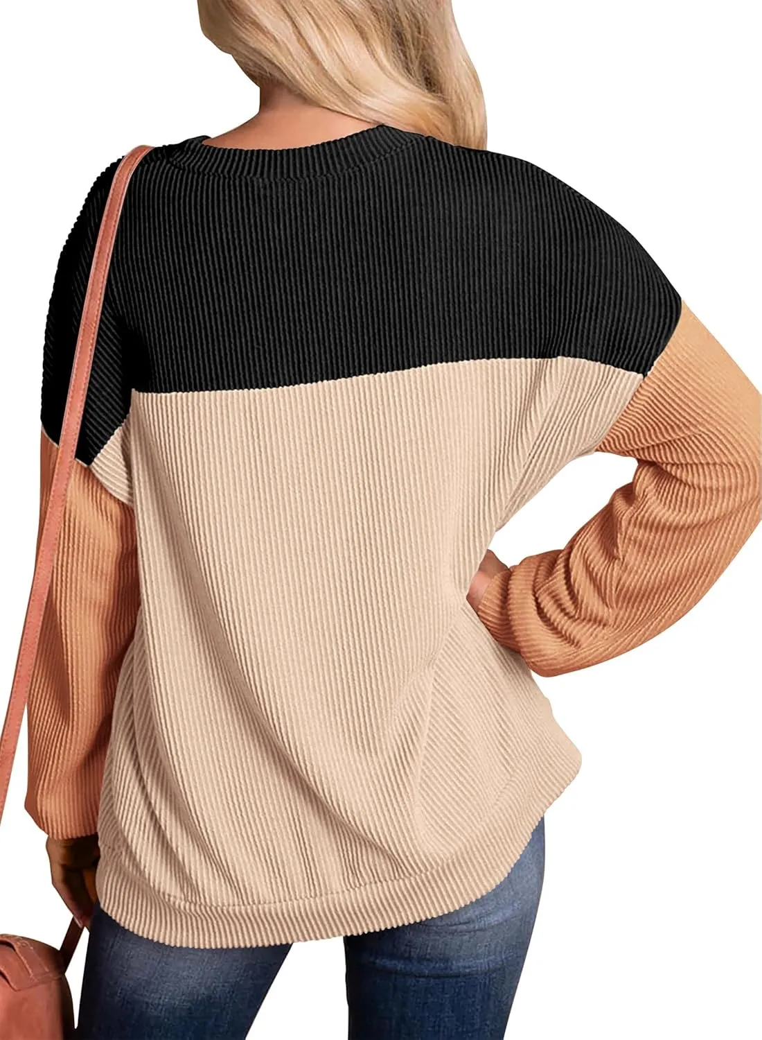 KIRUNDO Womens Spring Fashion 2025 Ribbed Long Sleeve Knit Tops Color Block Casual Loose Crewneck Pullover Shirts Clothing