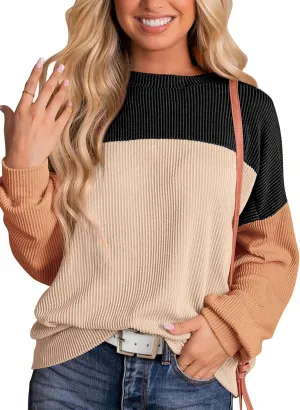 KIRUNDO Womens Spring Fashion 2025 Ribbed Long Sleeve Knit Tops Color Block Casual Loose Crewneck Pullover Shirts Clothing